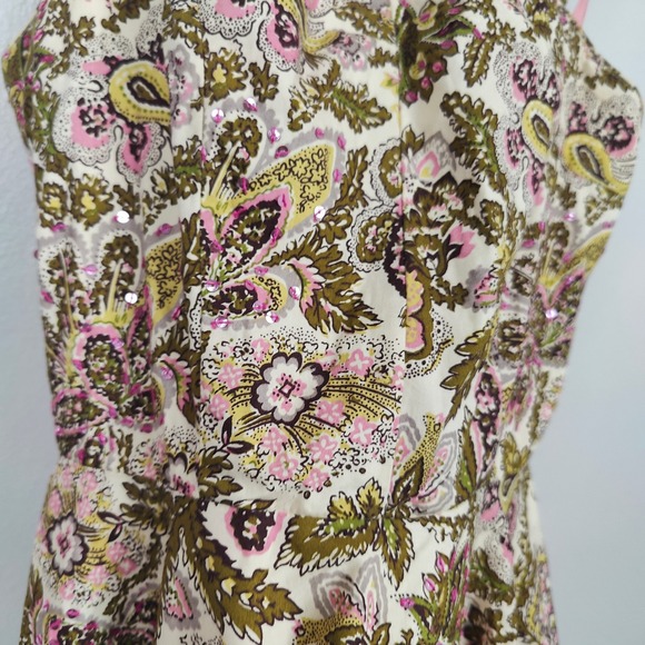 Vintage Anthropologie Elevenses Dress Womens 2 Cream Floral Print Sequins Boho - Picture 5 of 13
